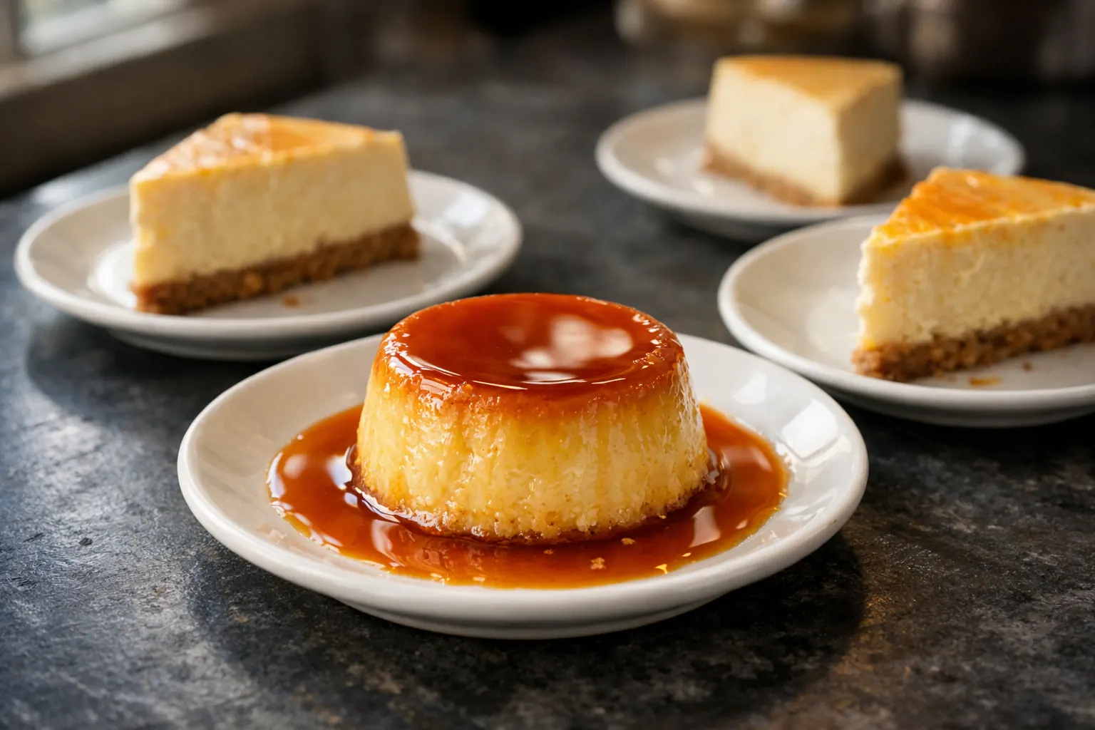 Cuban flan with caramel and slices of cheesecake