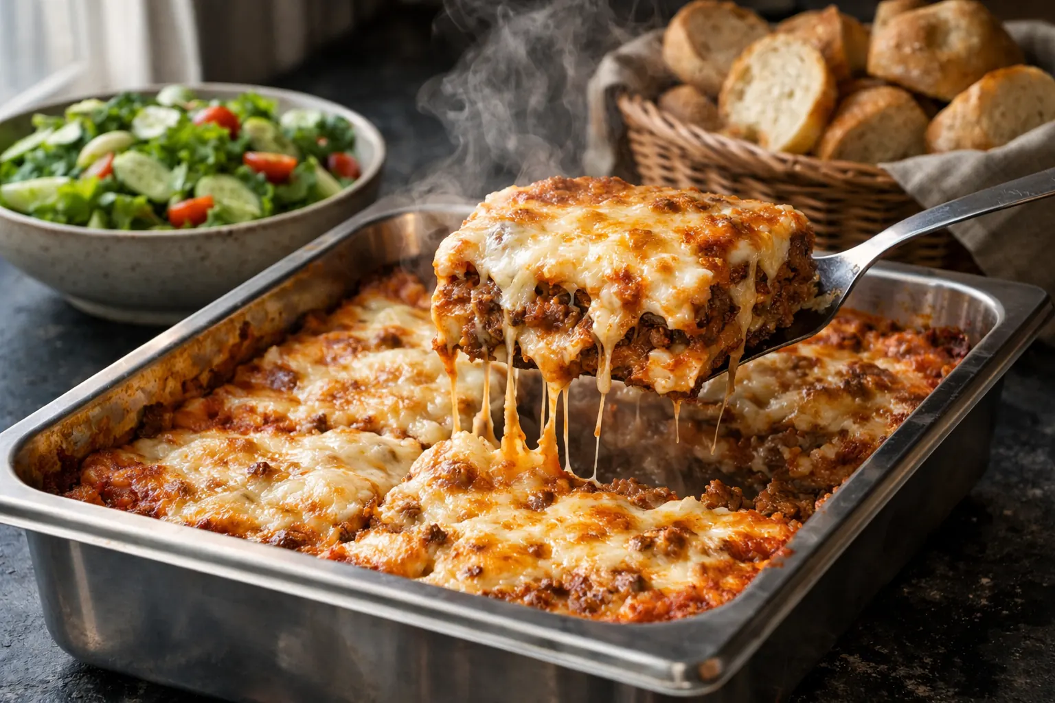 Tray of four-cheese and meat lasagna with salad and bread