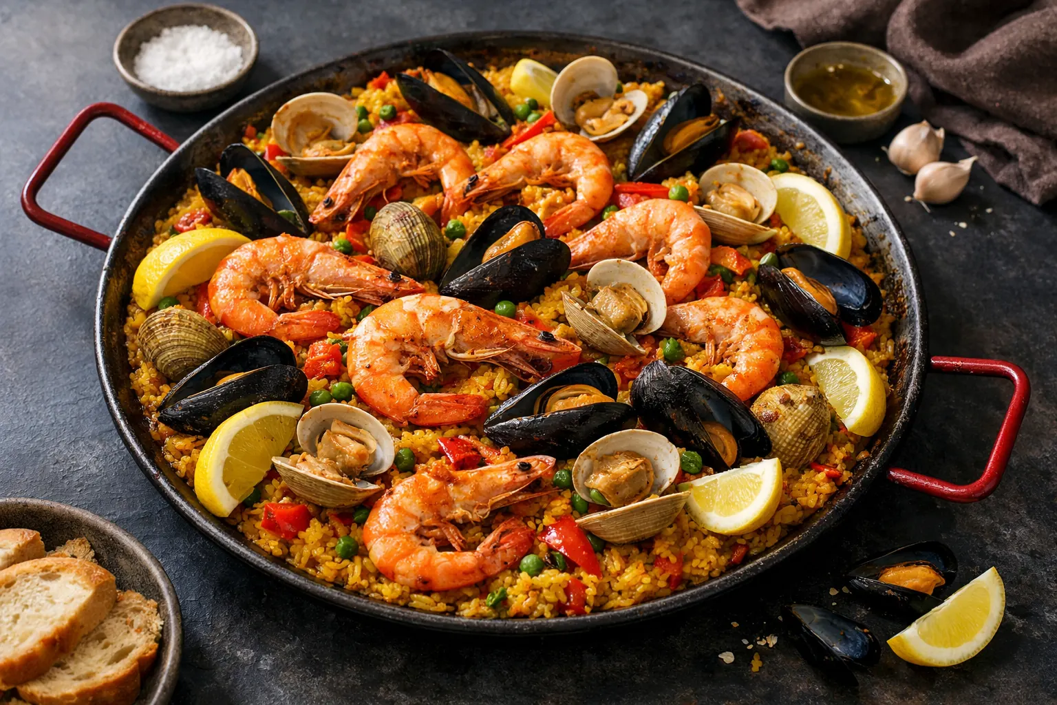 Seafood paella with shrimp, mussels and clams